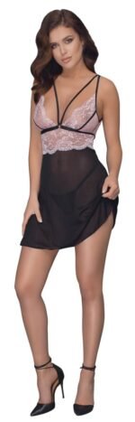 Cottelli Collection - Babydoll med blondeoverdel - Rosa/Sort