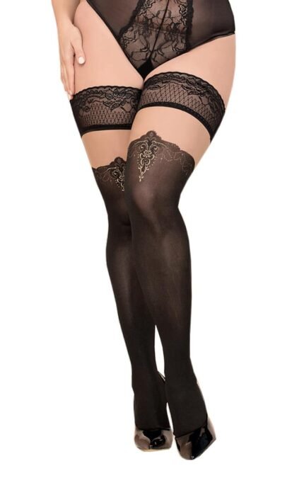 Ballerina Secret - Soft - Sorte strømper kant og mønster ved kne - Hold up - Plus Size