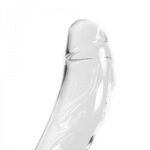 Erotisk - Glassdildo med pung - Blank med røde detaljer