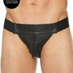 Ouch! Striped Front Zip Jock - Jockstrap - Bonded Leather - Sort